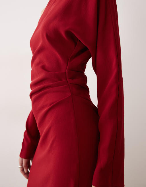 Mango ruched waist long sleeve maxi dress in red, 3 of 4