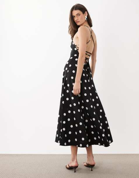 Mango – Rückenfreies Leinenmix-Maxikleid in Schwarz mit weißen Polka Dots und eckigem Ausschnitt - view 1