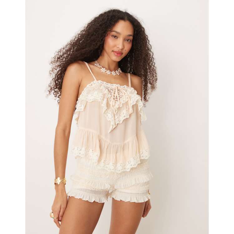Mango ruffle and lace cami top in white | ASOS