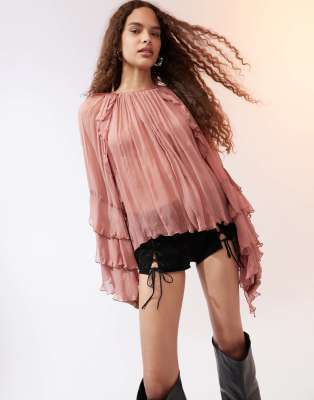 Shop Mango Ruffle And Pleat Front Blouse In Pink