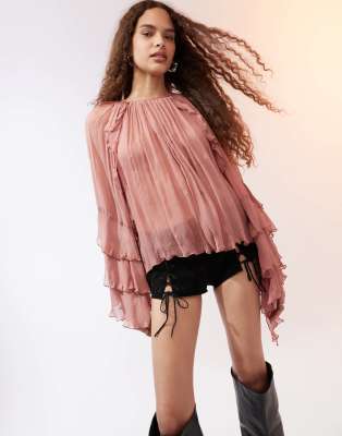 Mango ruffle and pleat front blouse in dusty pink