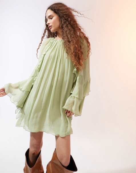 Mango ruffle and pleat front woven mini dress in pistachio - view 1
