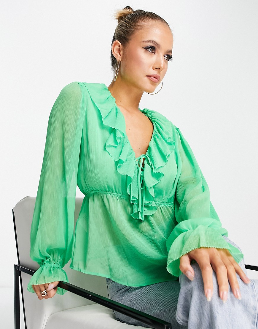 Mango ruffle blouse in green