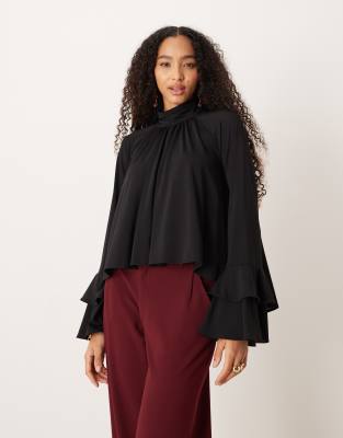Mango ruffle detail blouse in black | ASOS