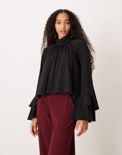 Mango ruffle detail blouse in black - view 1