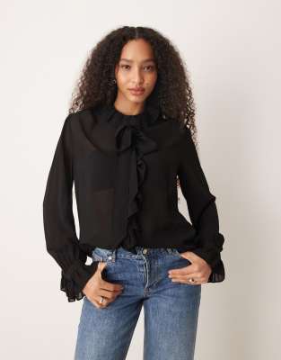 Mango Ruffle Detail Blouse With Tie Neck In Black