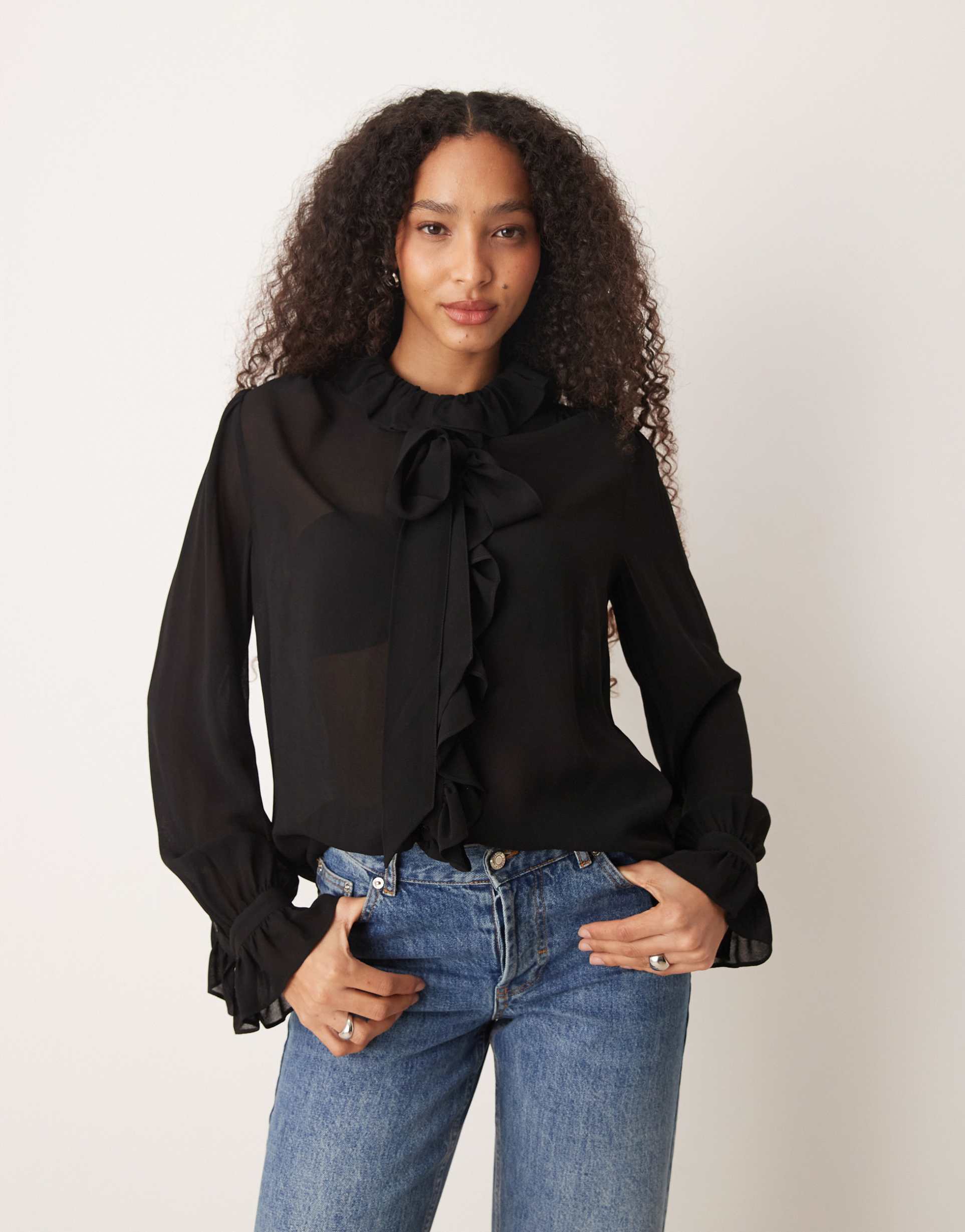 mango ruffle detail blouse with tie neck in black