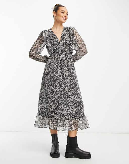 Mango ruffle detail midi dress in black paisley | ASOS