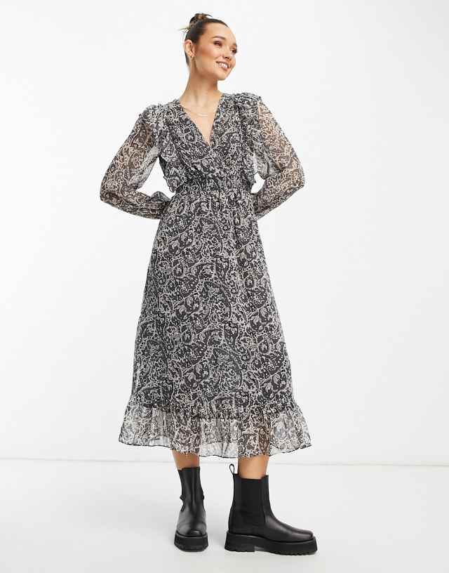 Mango ruffle detail midi dress in black paisley