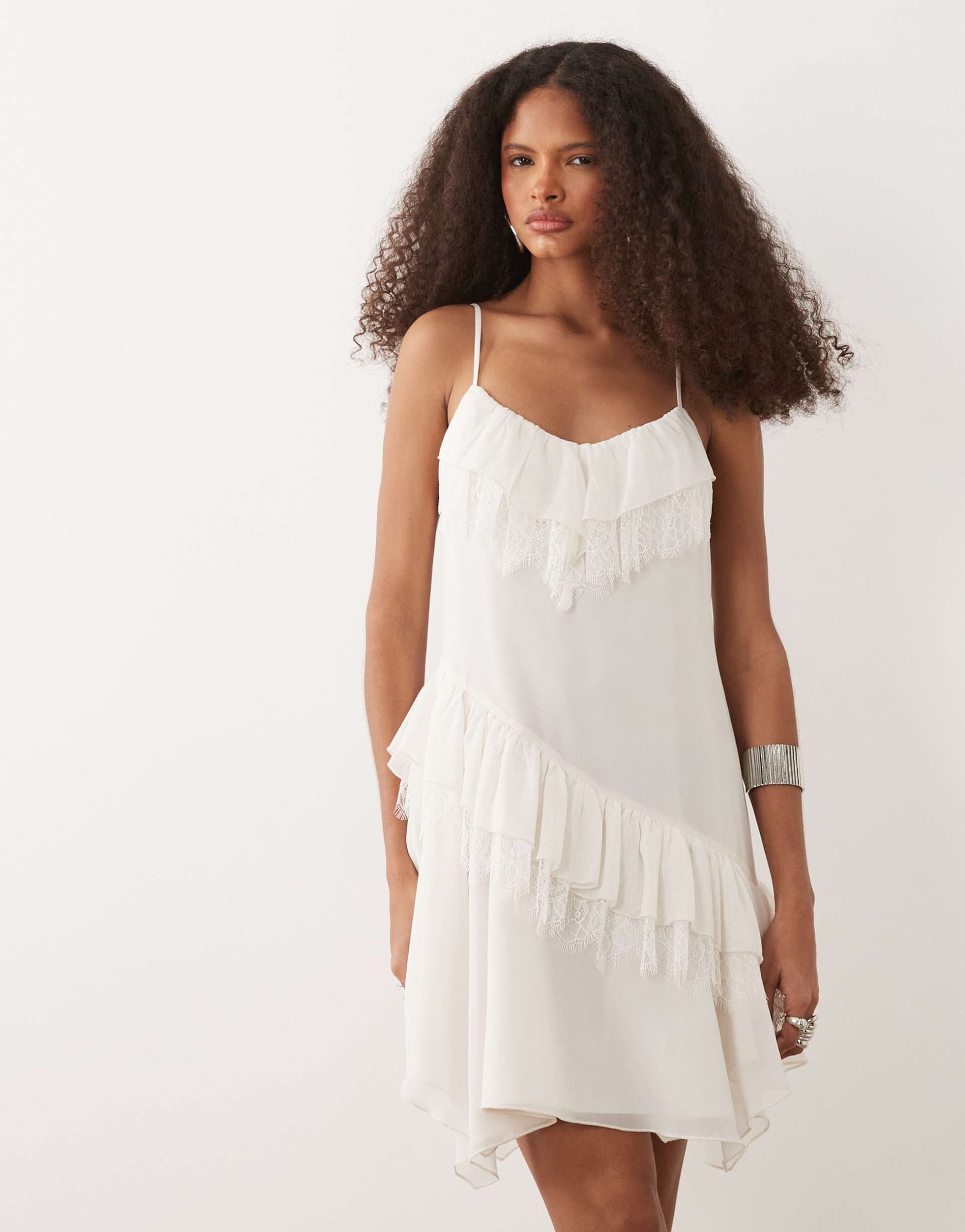mango ruffle detail mini dress in white