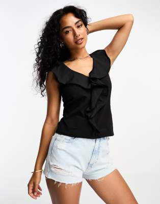 Mango ruffle detail sleeveless blouse in black