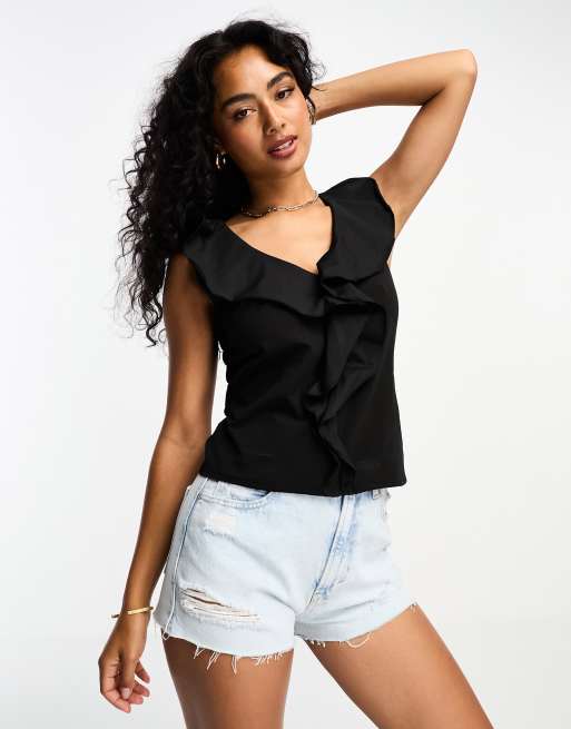 Black ruffle store sleeveless top