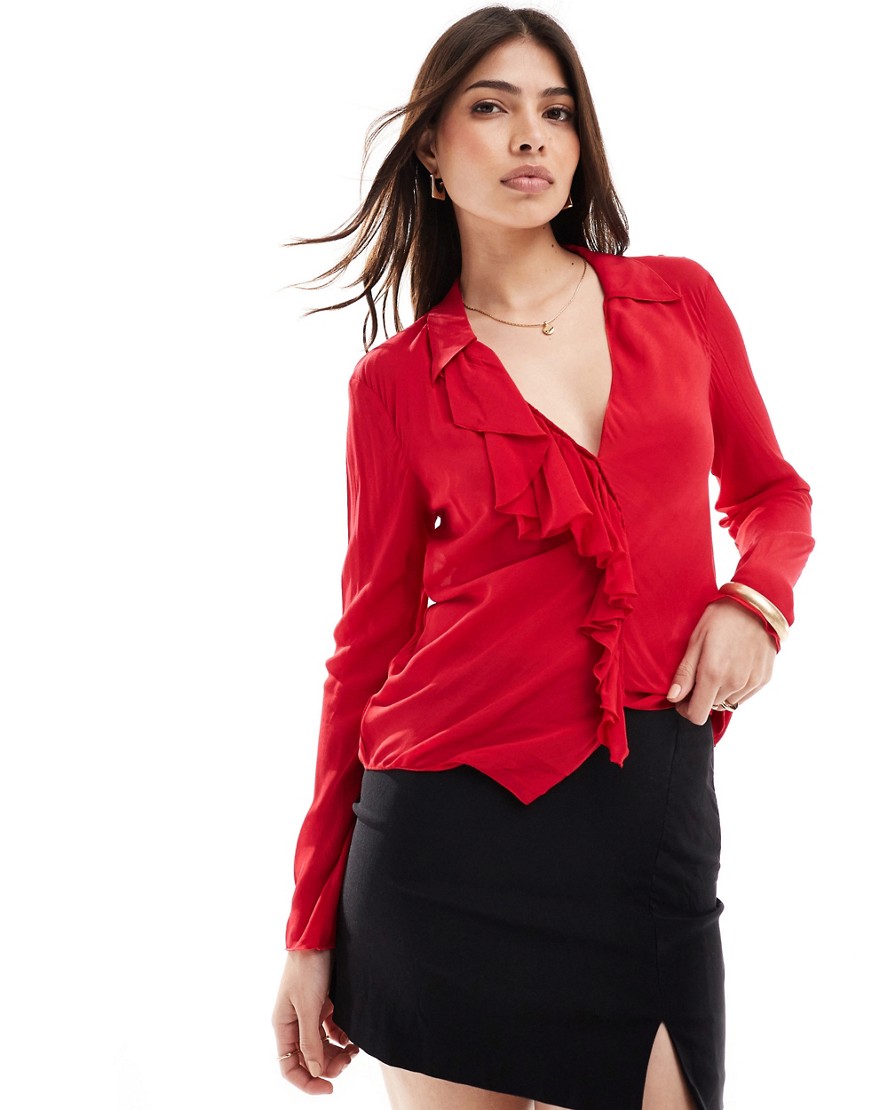 Mango ruffle front blouse in red