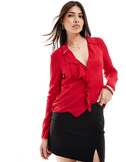 Mango ruffle front blouse in red | ASOS