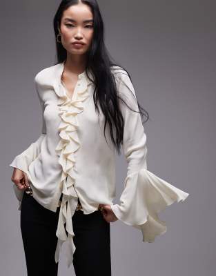 Mango ruffle front elegant blouse in white