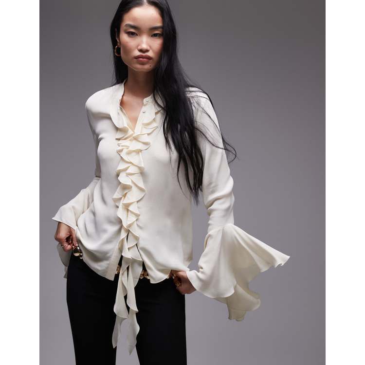 Mango ruffle front elegant blouse in white ASOS