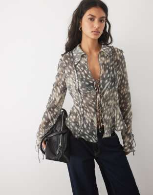 Mango Ruffle Long Sleeve Shirt In Gray