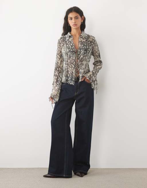 Mango ruffle long sleeve shirt in grey leopard print, 2 of 4