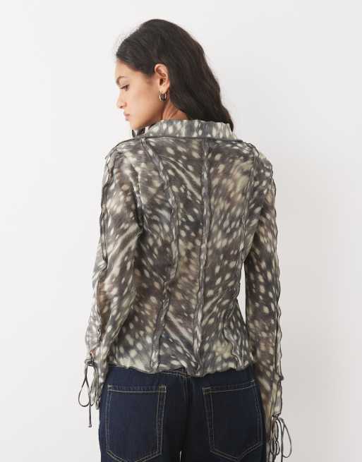 Mango ruffle long sleeve shirt in grey leopard print, 4 of 4
