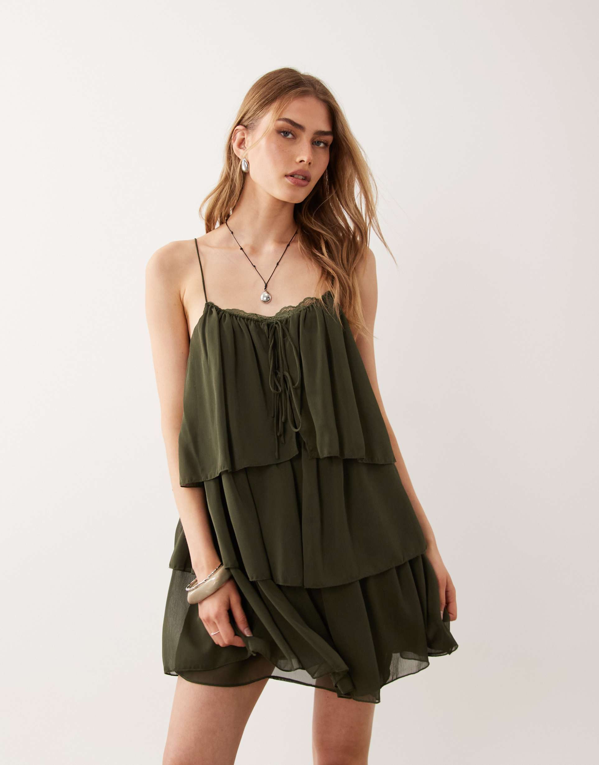 mango ruffle mini dress in khaki