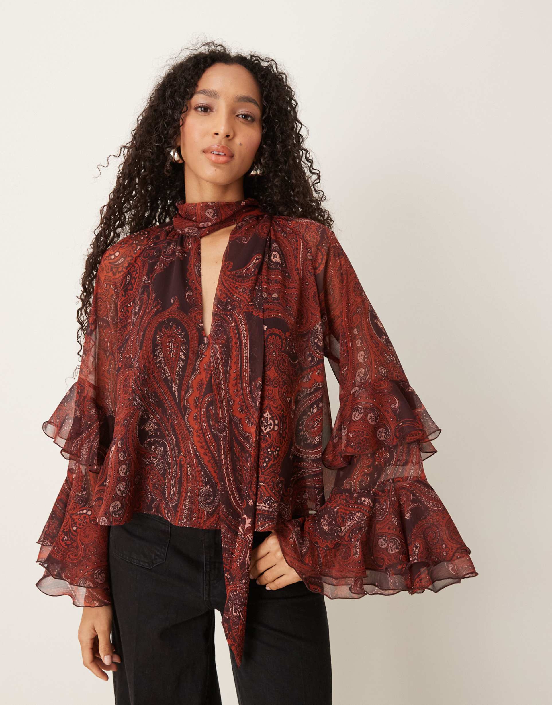 mango ruffle sleeves blouse in rust paisley print