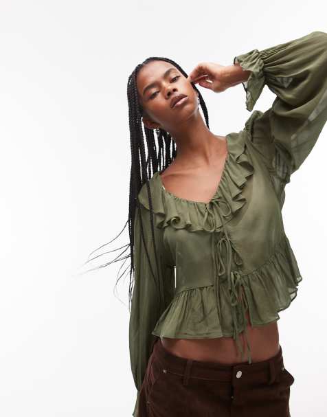 Mango ruffle tie front top in dark green - view 1