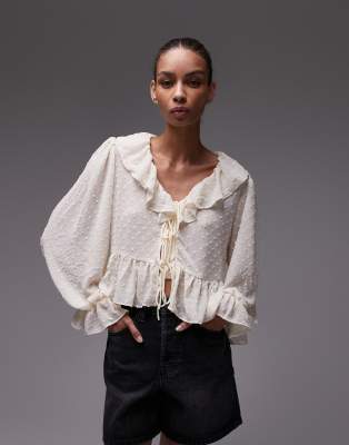 ruffle tie front top in white