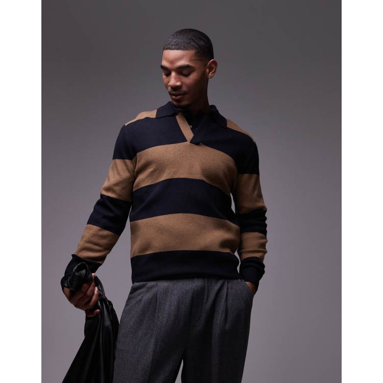 Mango rugby polo shirt in brown navy stripe ASOS