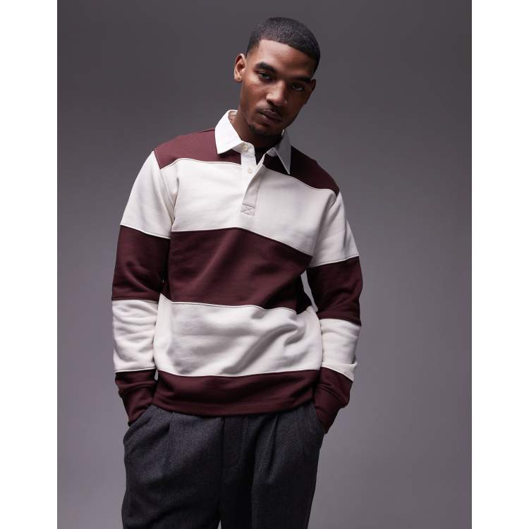 Mango rugby polo shirt in burgundy & white stripe | ASOS