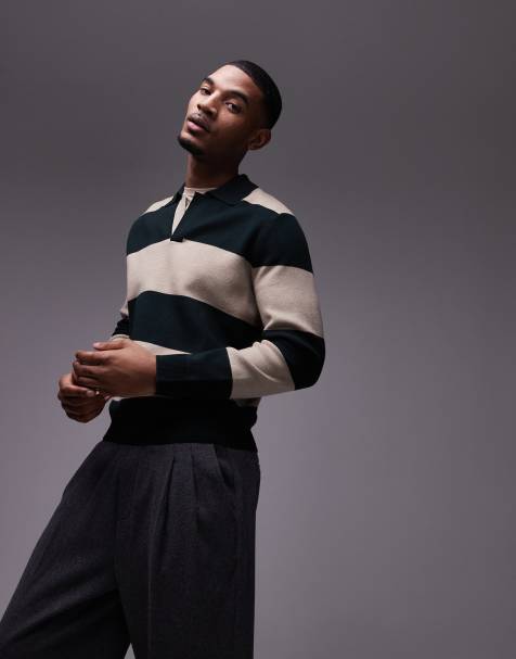 Mango rugby polo shirt in green & beige stripe - view 1