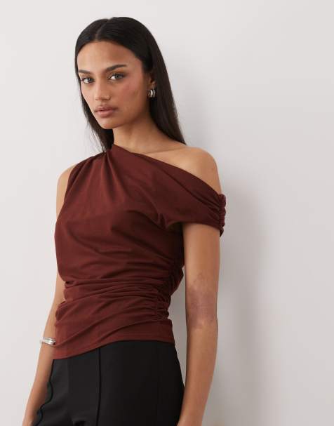 Mango - Rustrød offshoulder-top med asymmetrisk snit og rynker - view 1
