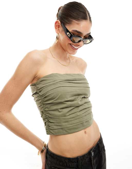 Mango - Rynket bandeau-top i kakigrøn
