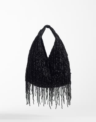 Mango - Sac à franges et perles - Noir