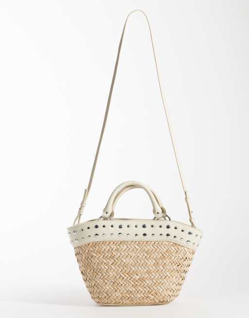 Mango - Sac à main tressé avec bordure cloutée imitation cuir - Beige, 4 de 4