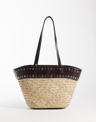 Mango - Sac porté épaule effet tressé avec bordure cloutée en similicuir - Beige-Neutre