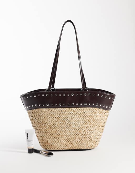 Mango - Sac porté épaule effet tressé avec bordure cloutée en similicuir - Beige, 2 de 4