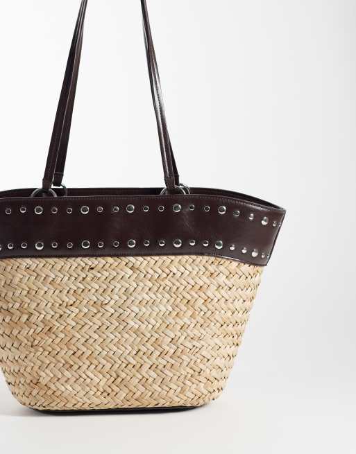 Mango - Sac porté épaule effet tressé avec bordure cloutée en similicuir - Beige, 4 de 4