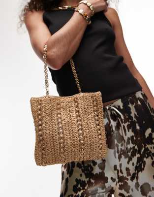 Sac porté épaule en raphia avec boucles en métal - Beige clair-Neutre