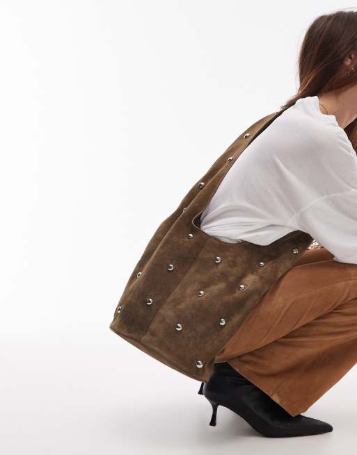 Mango Sac porté épaule souple en daim avec clous Marron ASOS