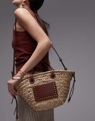 Mango woven structured shoulder bag in tan