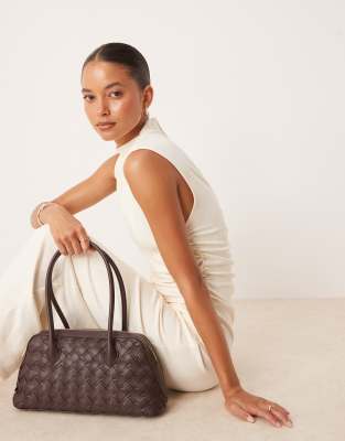 Mango - Sac tissé style bowling en similicuir - Marron foncé