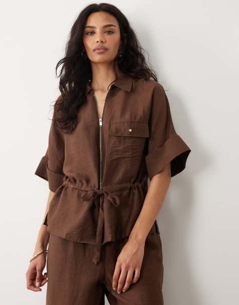 Mango Safa linen mix short sleeve tie waist jacket co-ord in brown - view 1