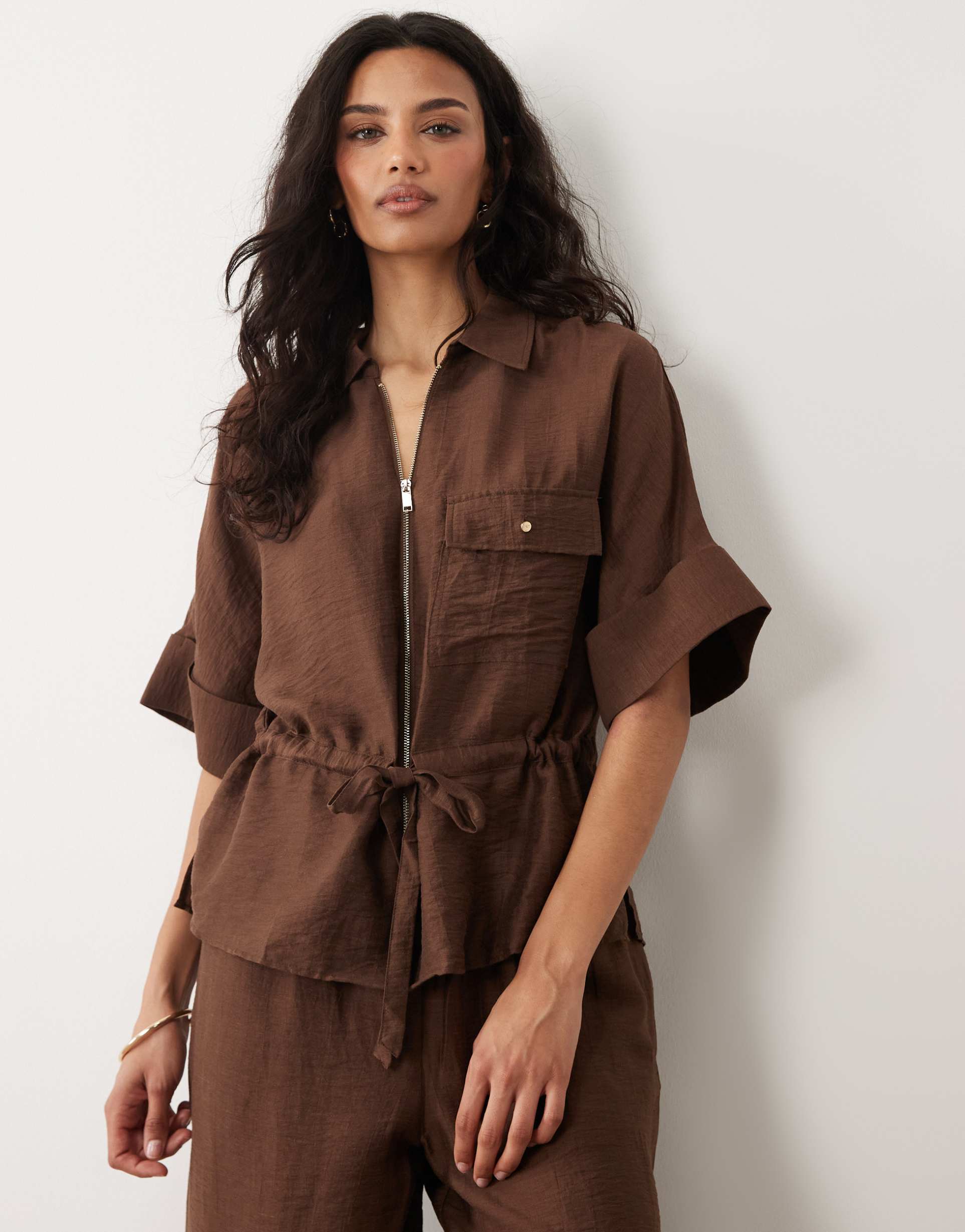mango safa linen mix short sleeve tie waist jacket in brown - part of a set