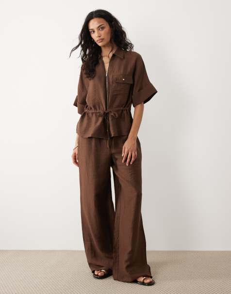 Mango – Safa – Set aus Leinenmix in Braun mit kurzärmliger Jacke mit Bindegürtel und Hose - view 1