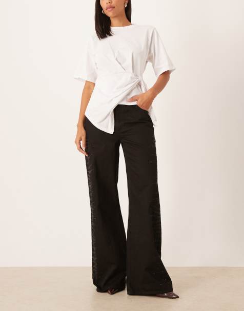 Mango Samantha 100% cotton embellished side jeans in black - view 1