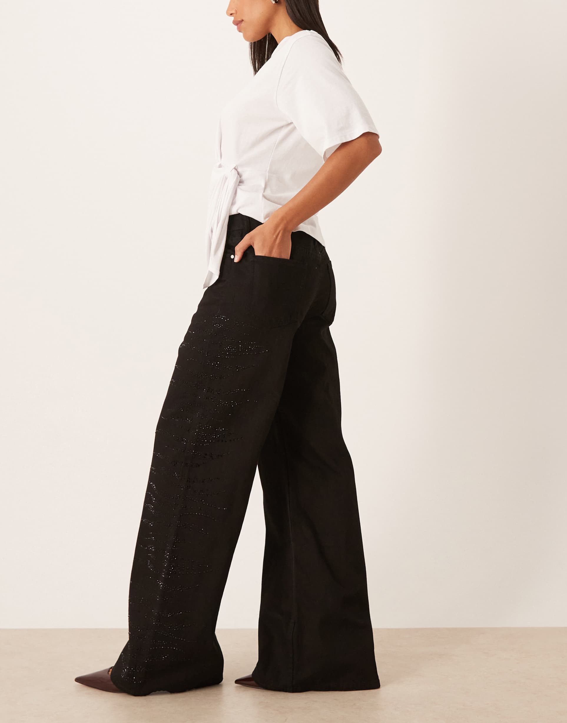 mango samantha 100% cotton embellished side jeans in black