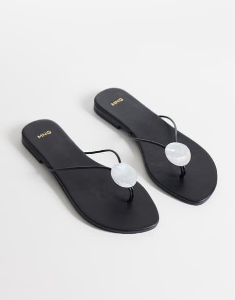 Mango - Sandales plates en pur cuir avec perles - Noir - view 1