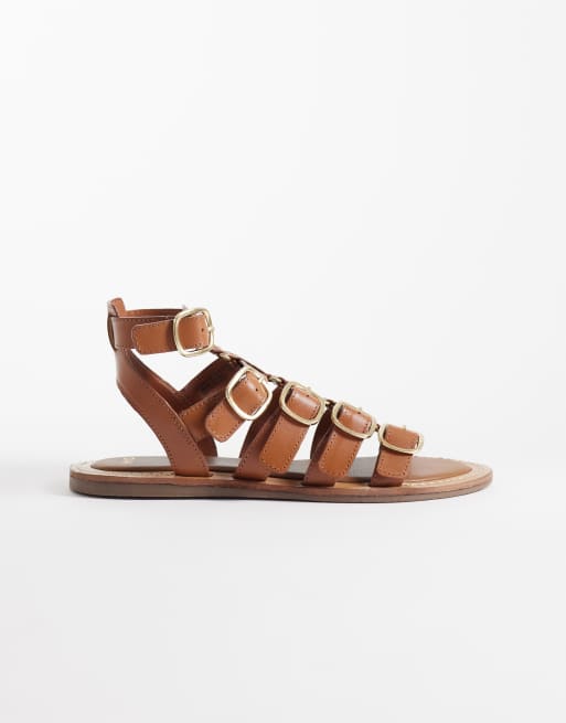 Mango - Sandali stile gladiatore 100% pelle color cuoio con fibbie
