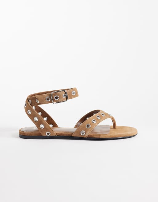 Mango - Sandali stile gladiatore in 100% pelle color sabbia con borchie
