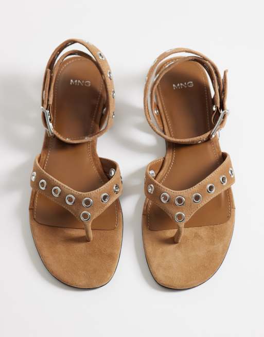 Mango - Sandfarvede gladiatorsandaler i 100% læder med nitter, 2 af 4